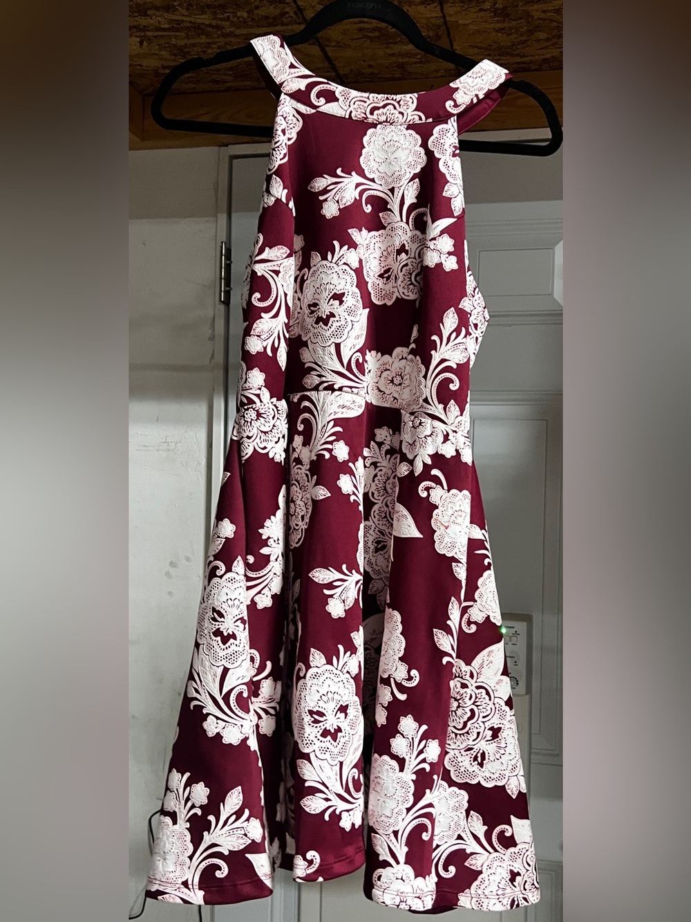 Burgundy Floral Fit & Flare Dress with White Lace Print